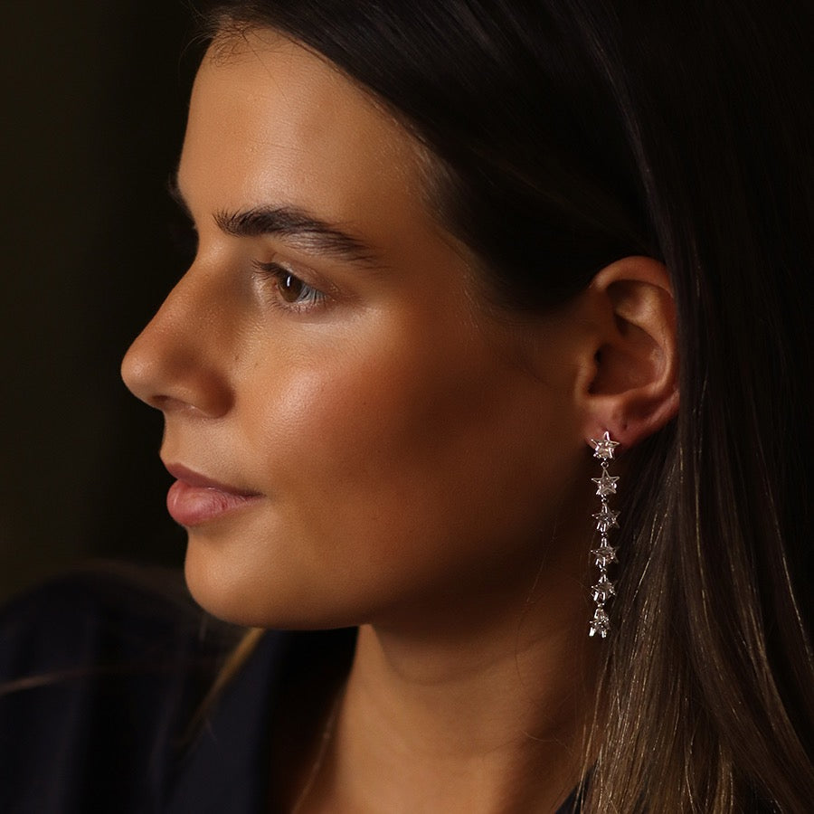 POM Silver Plated Clear Crystal Centred Multi Star Dangly Earrings