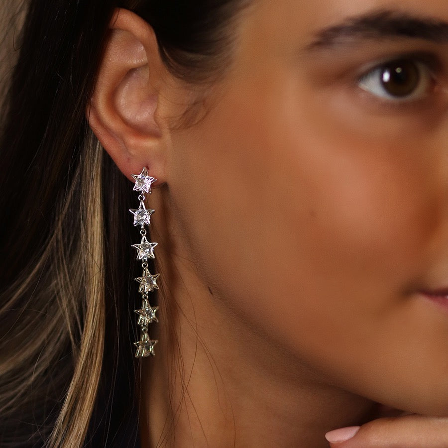 POM Silver Plated Clear Crystal Centred Multi Star Dangly Earrings