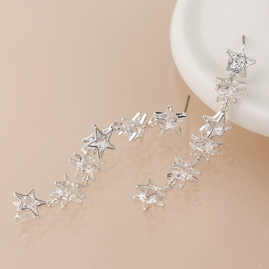 POM Silver Plated Clear Crystal Centred Multi Star Dangly Earrings