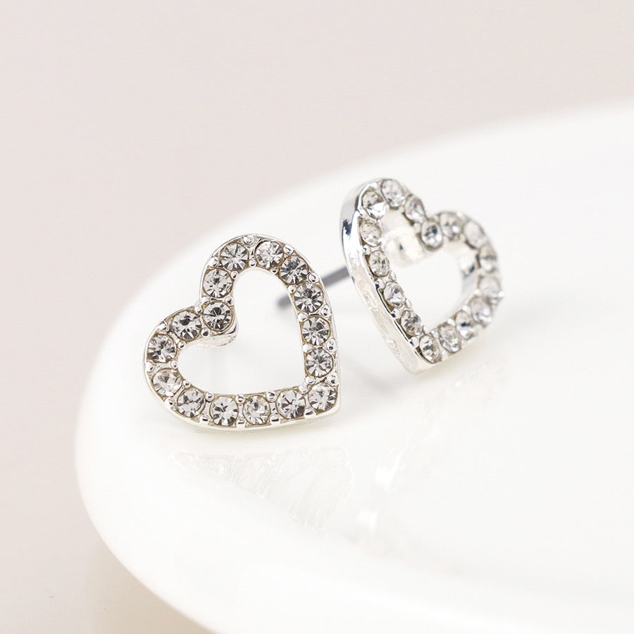 POM Silver Plated Crystal Open Heart Stud Earrings