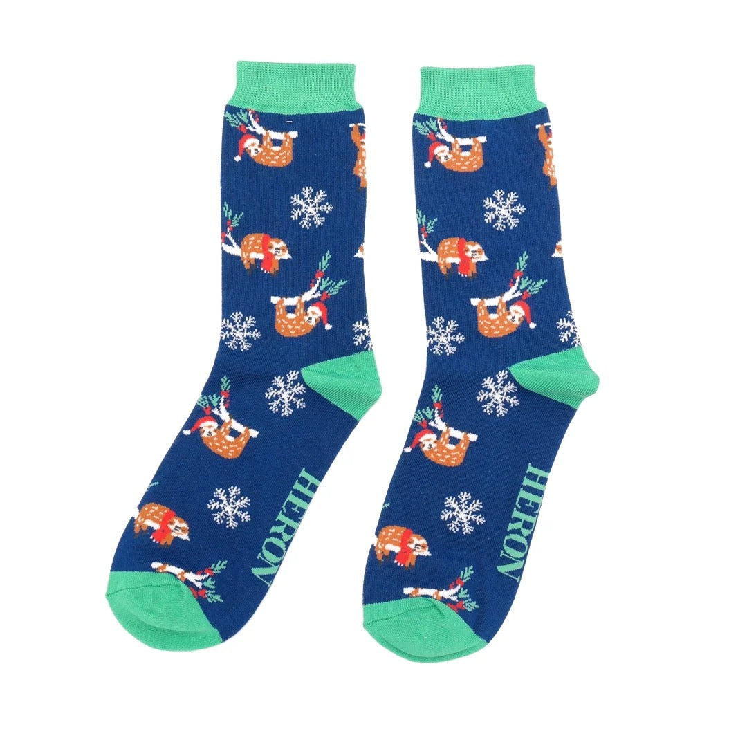 Mr Heron MENS Bamboo Ankle Socks - Xmas Sloths - Navy