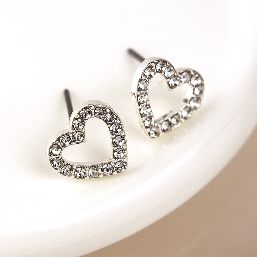POM Silver Plated Crystal Open Heart Stud Earrings