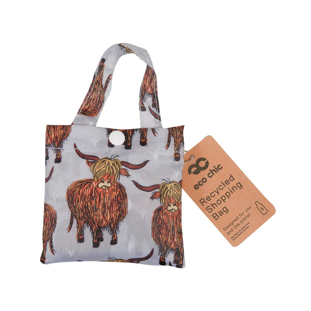 Eco Chic Foldable Recycled Shopping Bag - Highland Cow - Grey