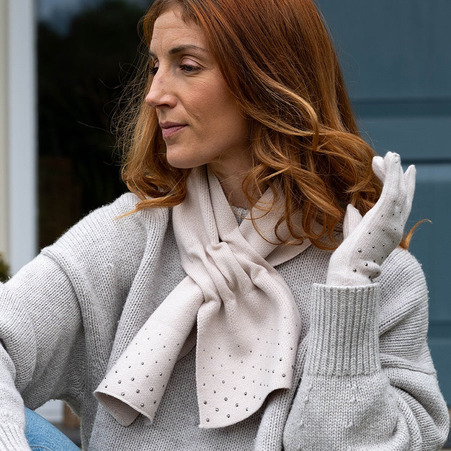 POM Cream Knit Pull Through Scarf with Studded Diamanté