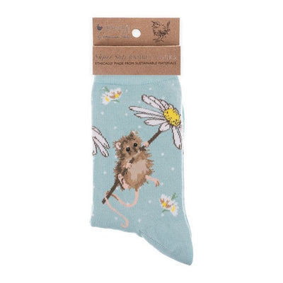 Oops A Daisy (Mouse) Ladies Ankle Bamboo Socks - Aqua -  Wrendale Designs