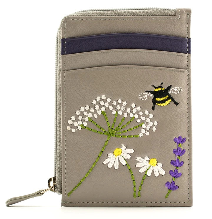 Mala Leather Bee & Blossom Card/Coin Purse - Grey