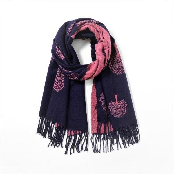 Navy & Pink - Tree of Life V2 - Reversible Tassel Scarf - Cashmere Blend