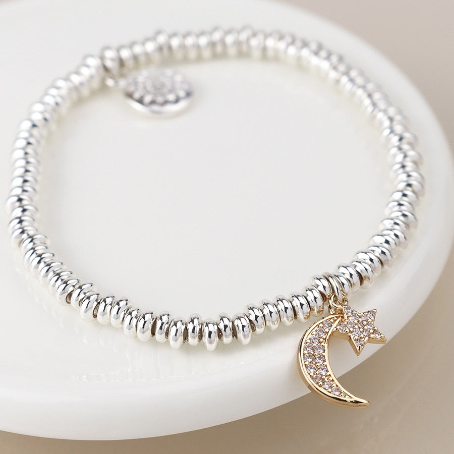 POM Silver Plated Crystal Crescent Moon & Star Stretch Bracelet