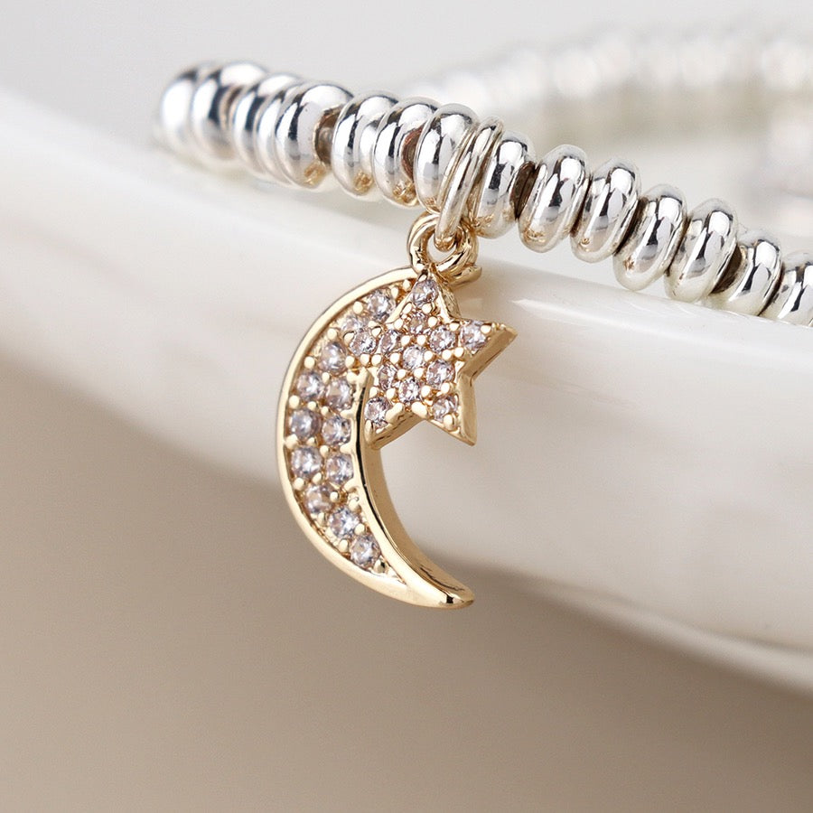 POM Silver Plated Crystal Crescent Moon & Star Stretch Bracelet