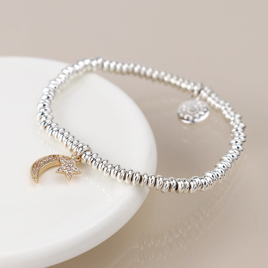 POM Silver Plated Crystal Crescent Moon & Star Stretch Bracelet