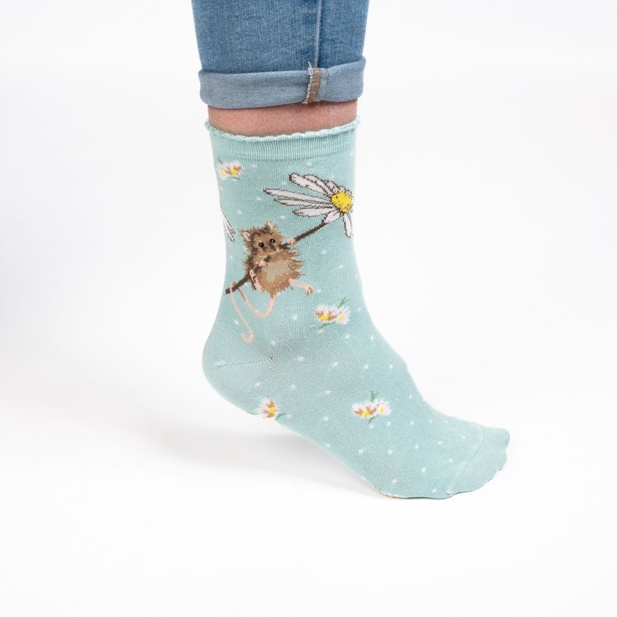 Oops A Daisy (Mouse) Ladies Ankle Bamboo Socks - Aqua - Wrendale Designs
