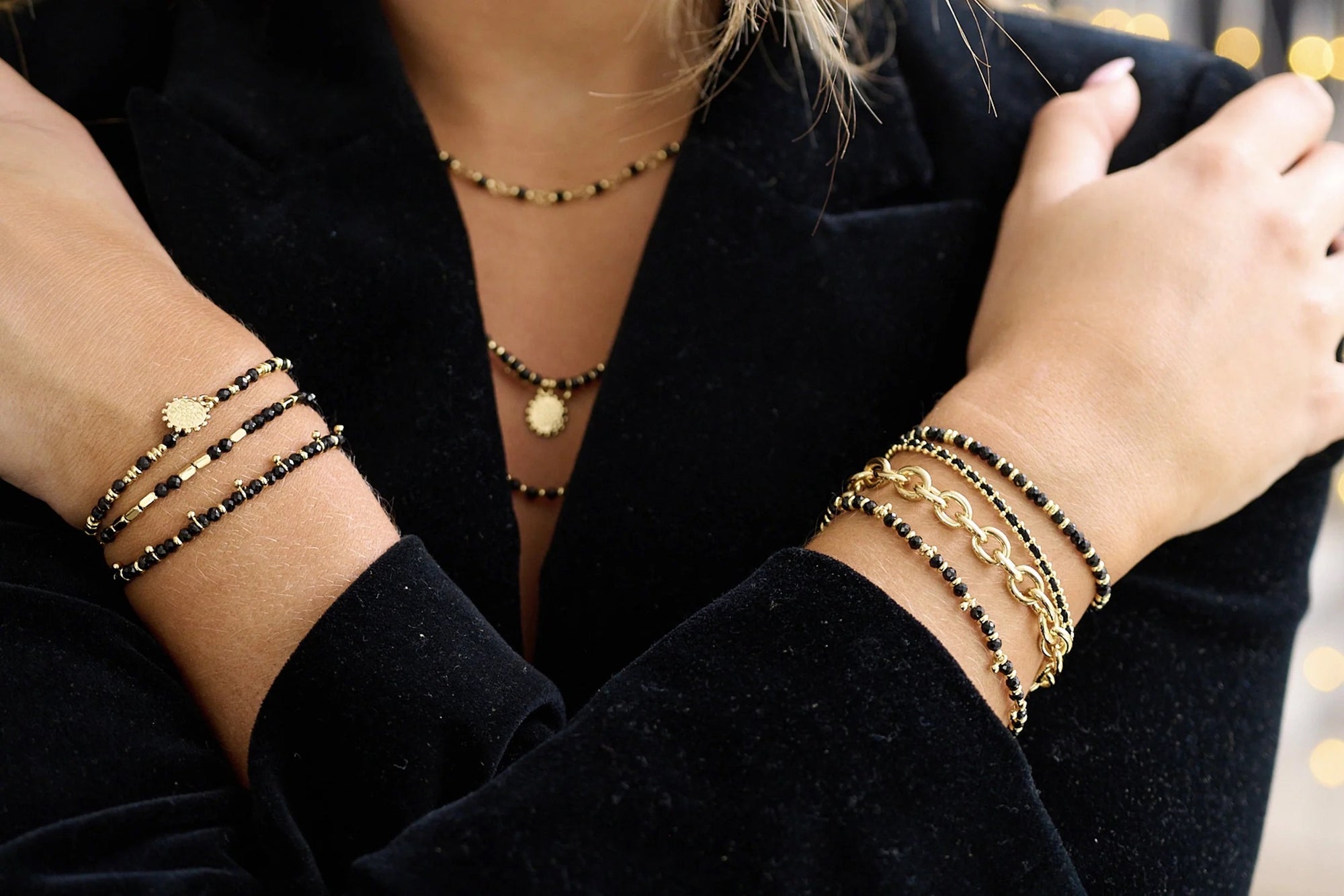 Boho Betty Raven Black Spinel Gemstone Gold Stretch Bracelet