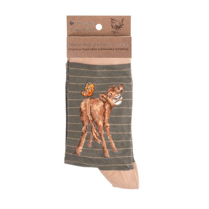 'Fluttery Fabulous' Cow Ladies Ankle Bamboo Socks - Grey - Wrendale Designs