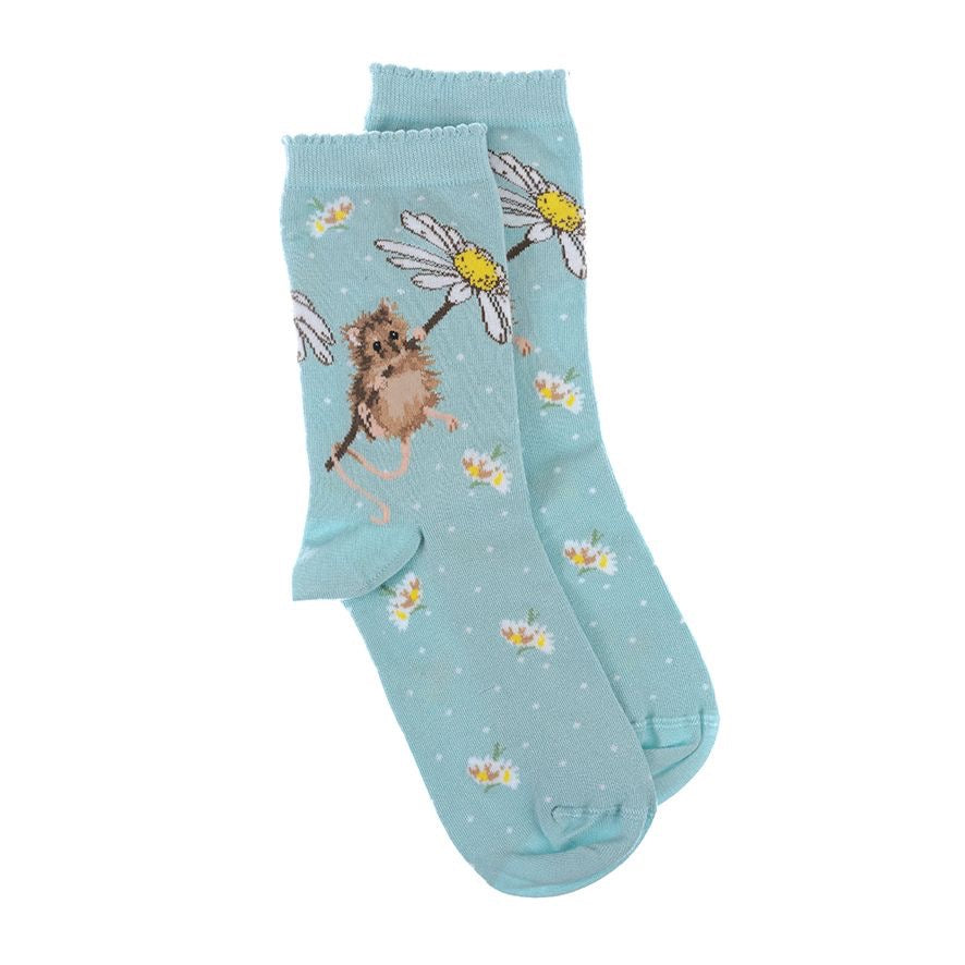 Oops A Daisy (Mouse) Ladies Ankle Bamboo Socks - Aqua - Wrendale Designs