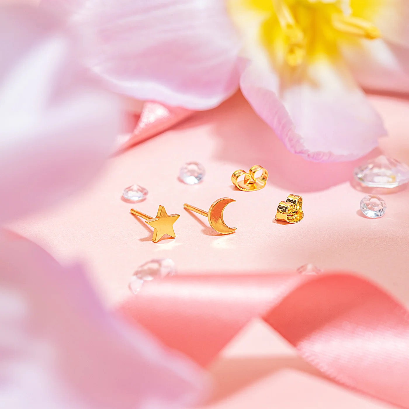 Good Luck - Star & Moon Gold Stud Earrings - Enchanted Earring Book