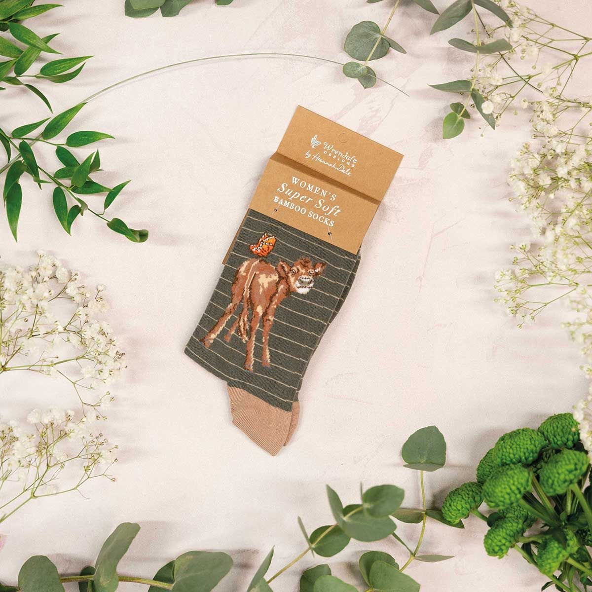 'Fluttery Fabulous' Cow Ladies Ankle Bamboo Socks - Grey - Wrendale Designs