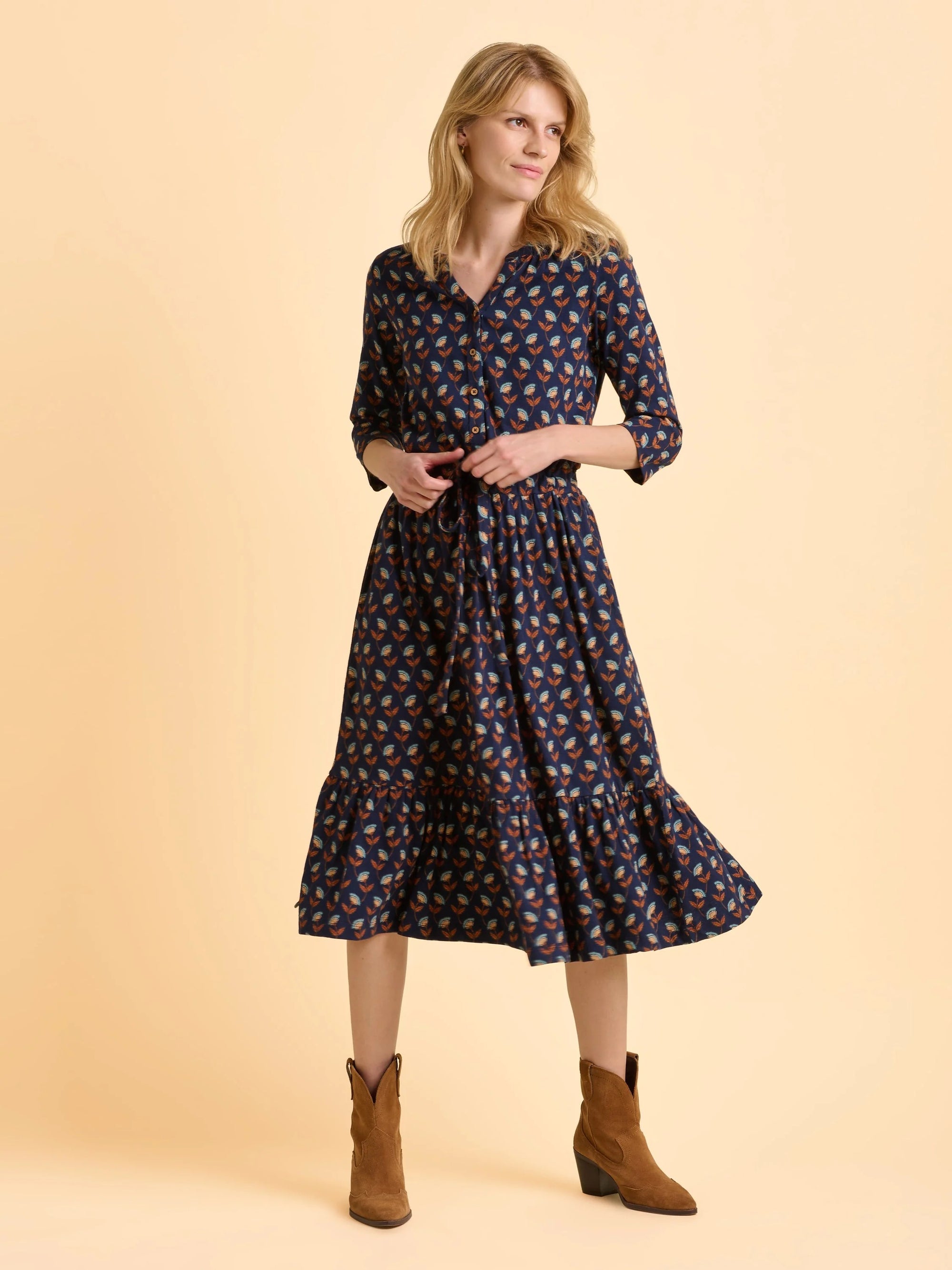 Brakeburn Grace Print Midi Dress - Navy