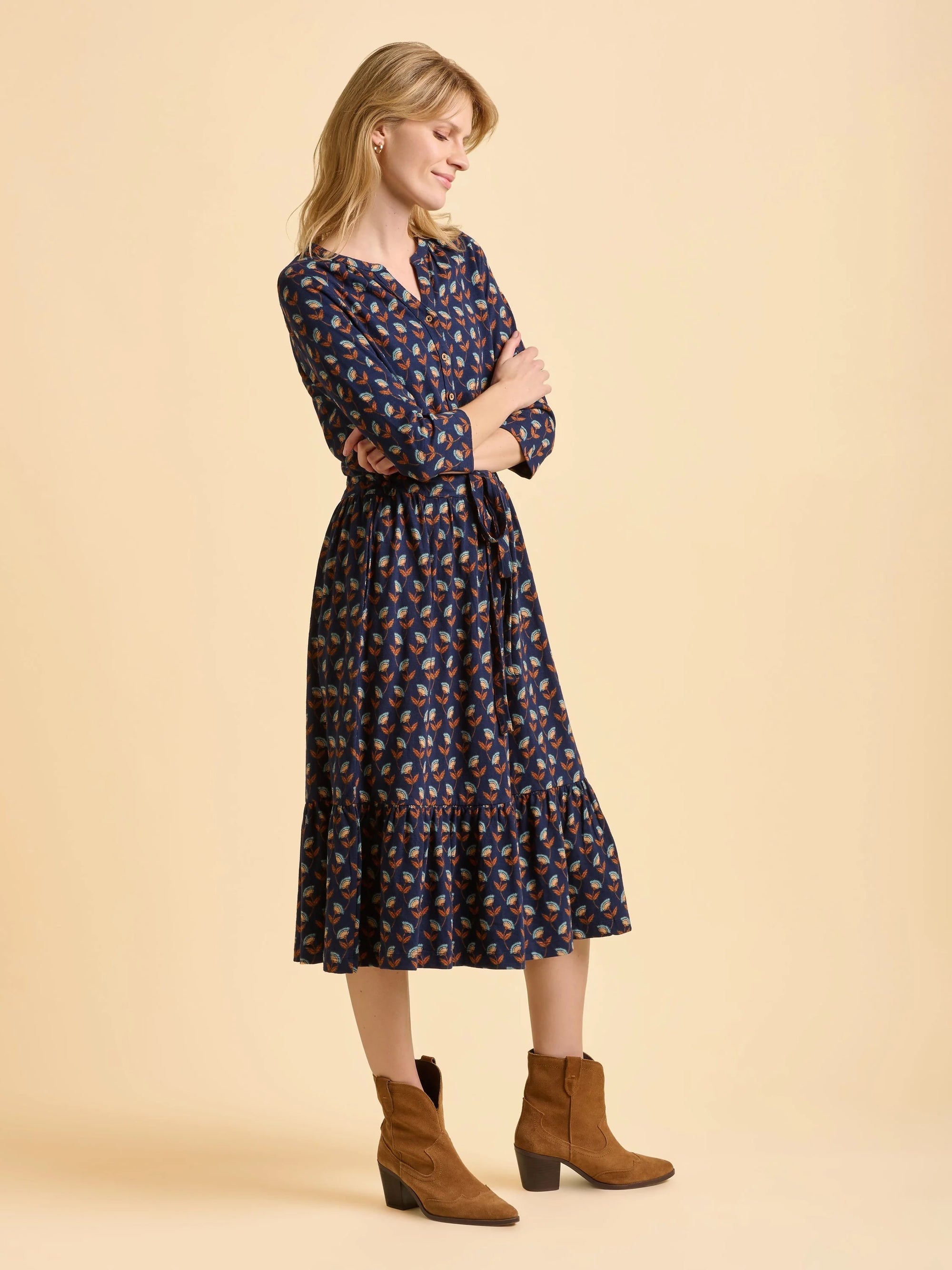 Brakeburn Grace Print Midi Dress - Navy