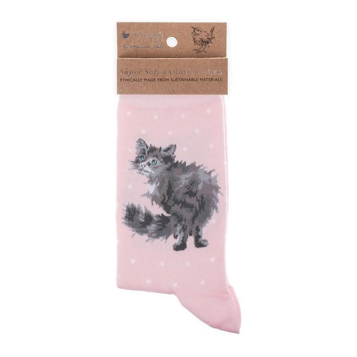 Glamour Puss (Cat) Ladies Ankle Bamboo Socks - Pink - Wrendale Designs