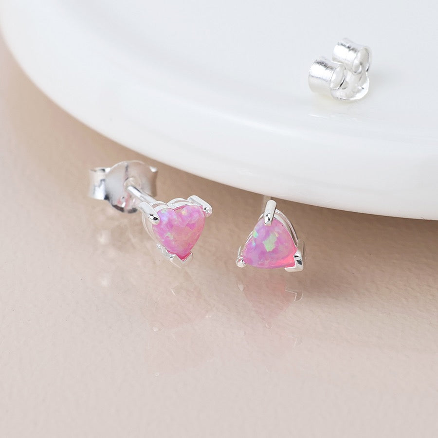 POM - Tiny Iridescent Pink Opal Hearts - Claw Set Sterling Silver Stud Earrings