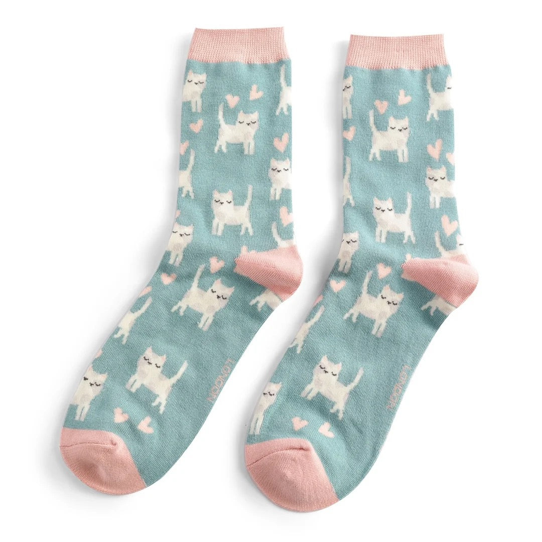 Miss Sparrow Bamboo Ankle Socks - Sleepy Cats - Duck Egg Blue