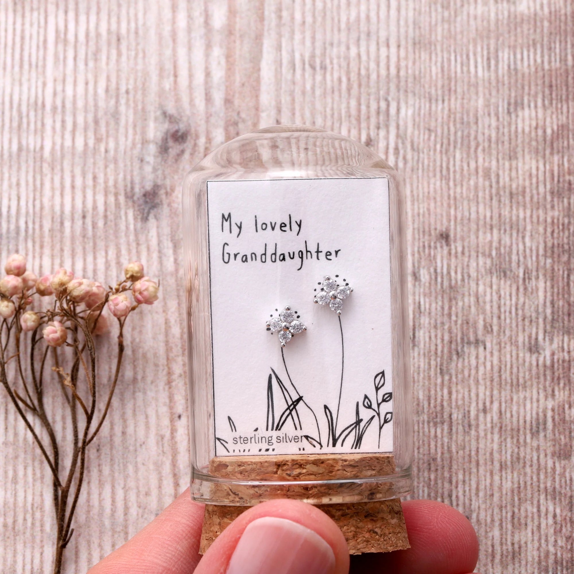 My Lovely Granddaughter - Terrarium Bottle - Sterling Silver Sparkle CZ Stud Earrings