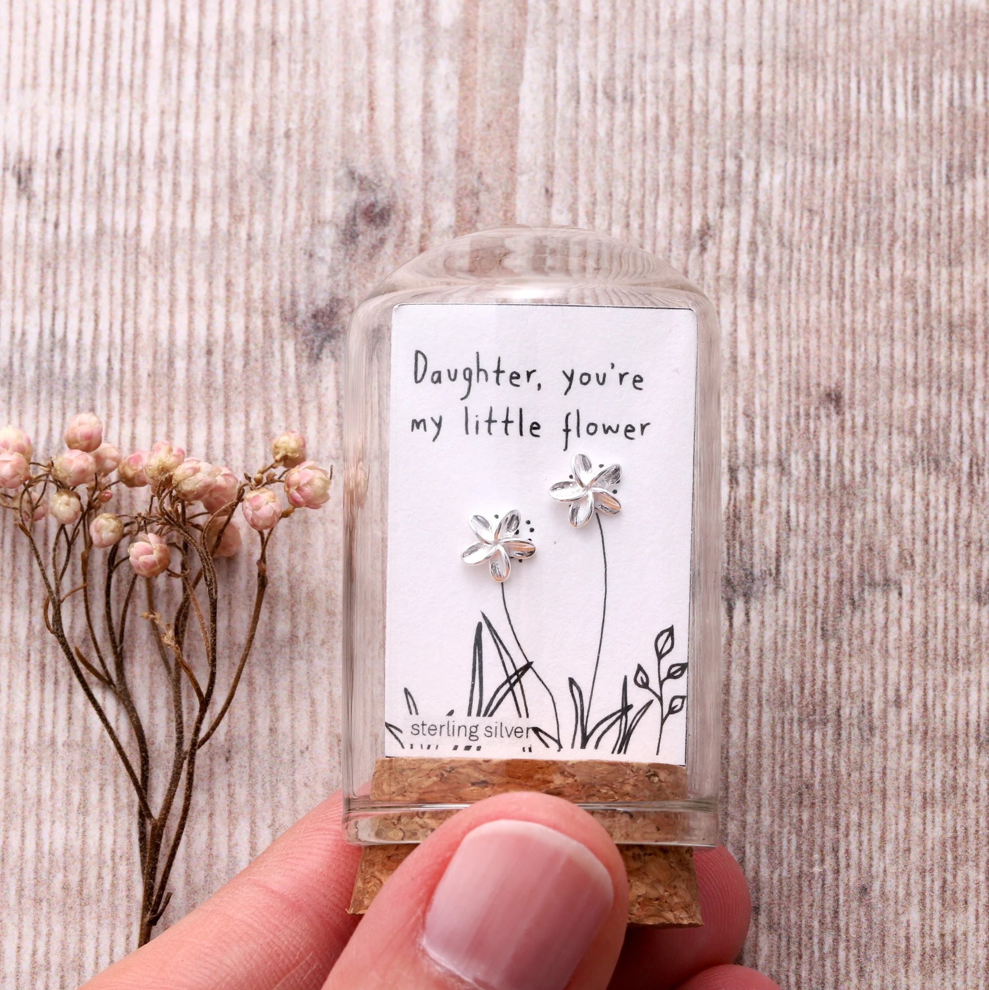 Daughter You're my Little Flower - Terrarium Bottle - Sterling Silver Shiny Flower Stud Earrings