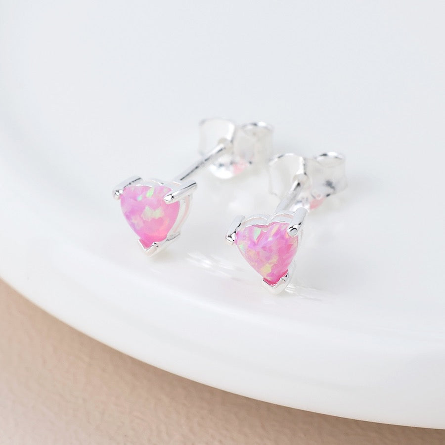 POM - Tiny Iridescent Pink Opal Hearts - Claw Set Sterling Silver Stud Earrings