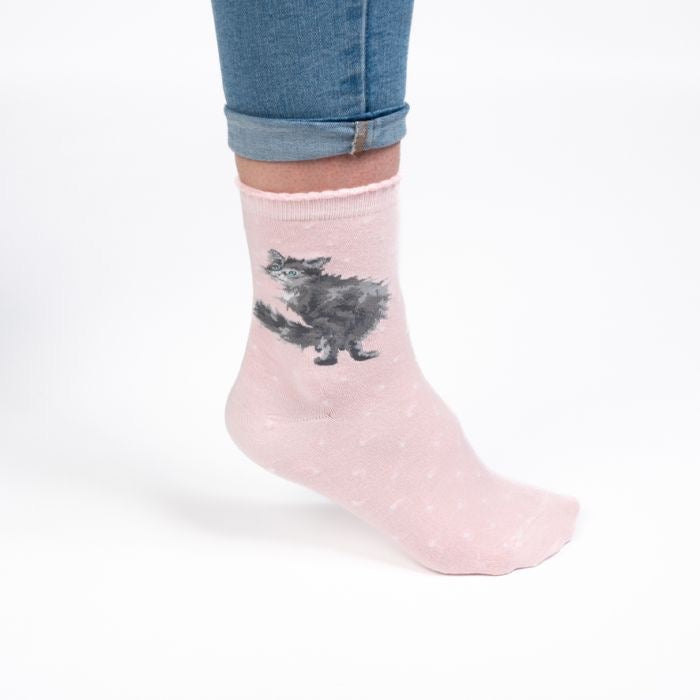 Glamour Puss (Cat) Ladies Ankle Bamboo Socks - Pink - Wrendale Designs