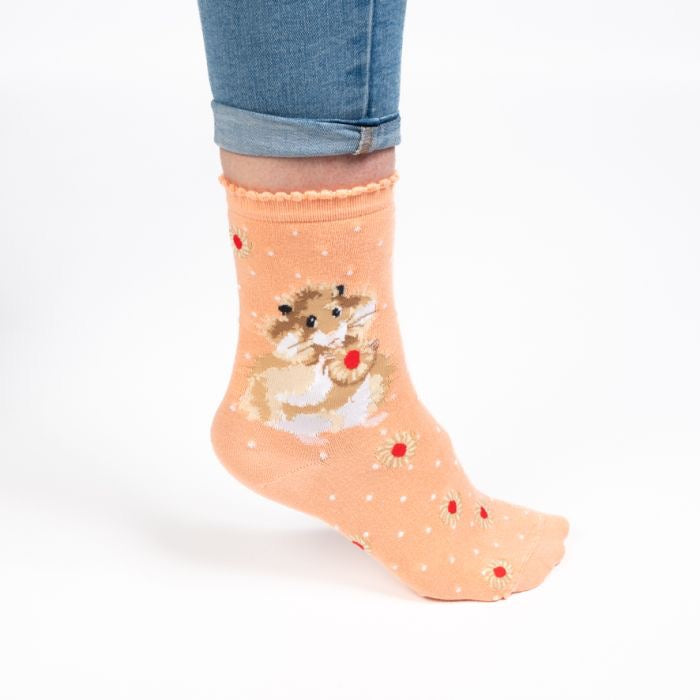 'Diet Starts Tomorrow' Hamster Ladies Ankle Bamboo Socks - Coral - Wrendale Designs