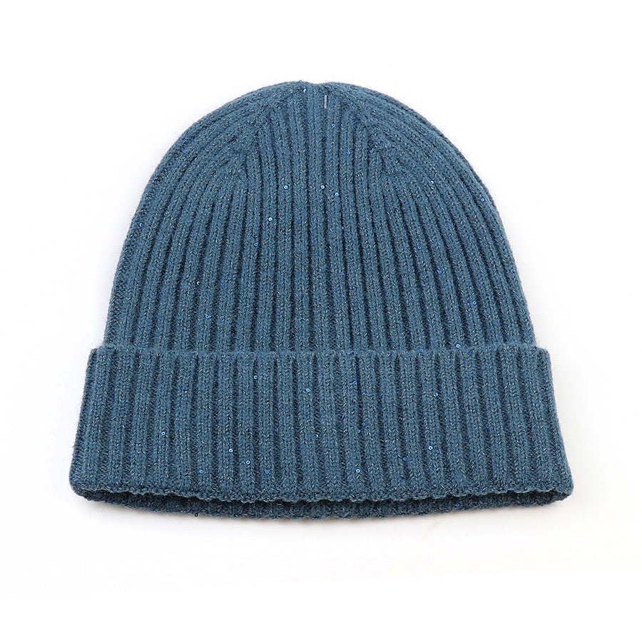 POM Dusky Teal Lurex Ribbed Knitted Sequin Beanie Hat
