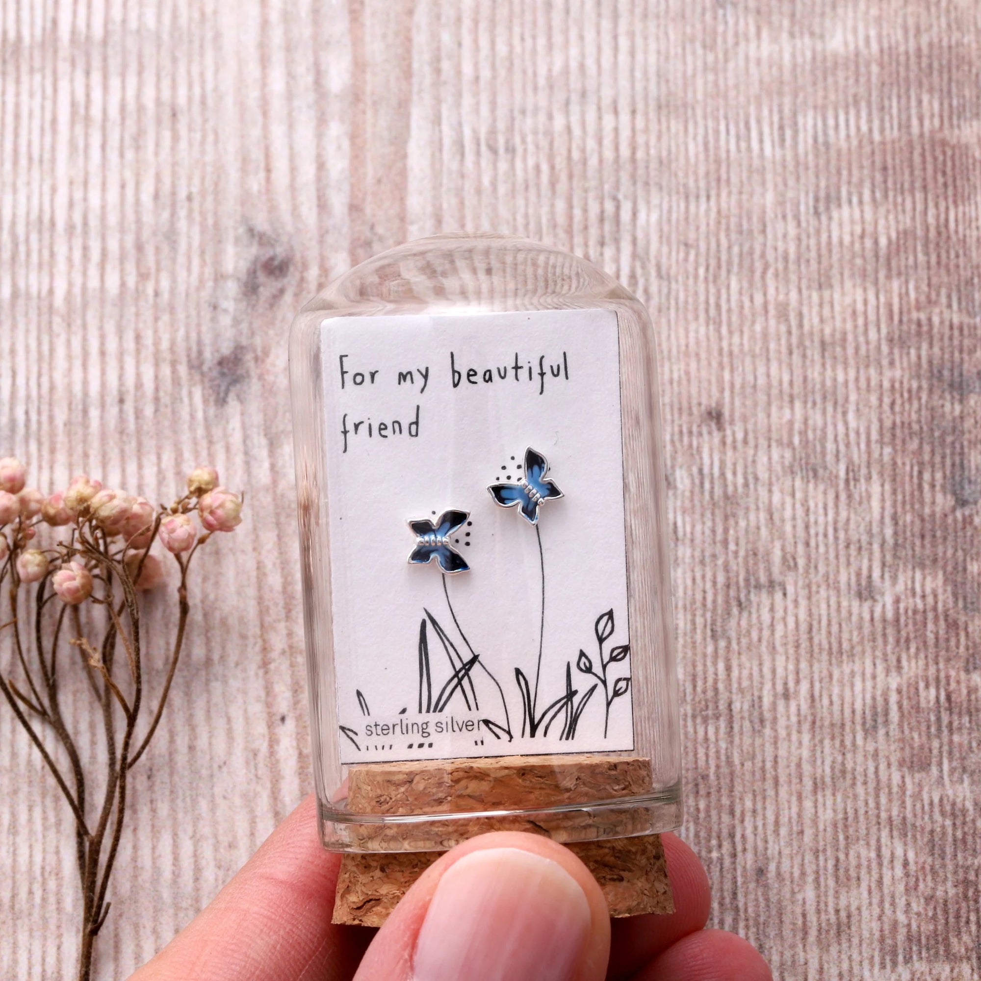For my Beautiful Friend - Terrarium Bottle - Sterling Silver Blue Enamel Butterfly Stud Earrings