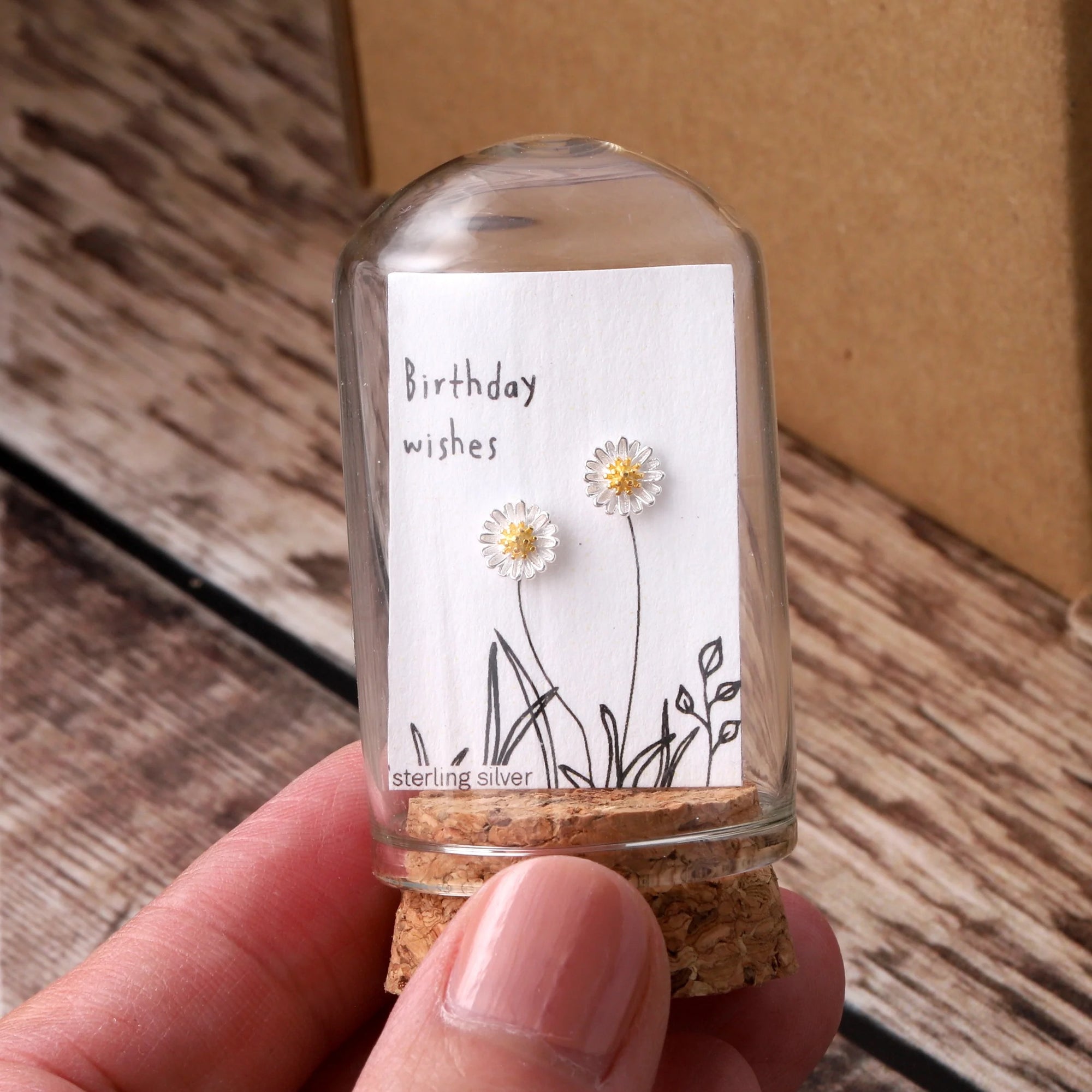 Birthday Wishes -Terranium Bottle - Daisy Flower Stud Earrings- Sterling Silver