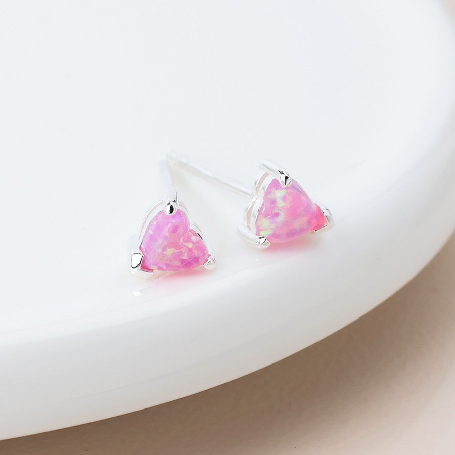 POM - Tiny Iridescent Pink Opal Hearts - Claw Set Sterling Silver Stud Earrings