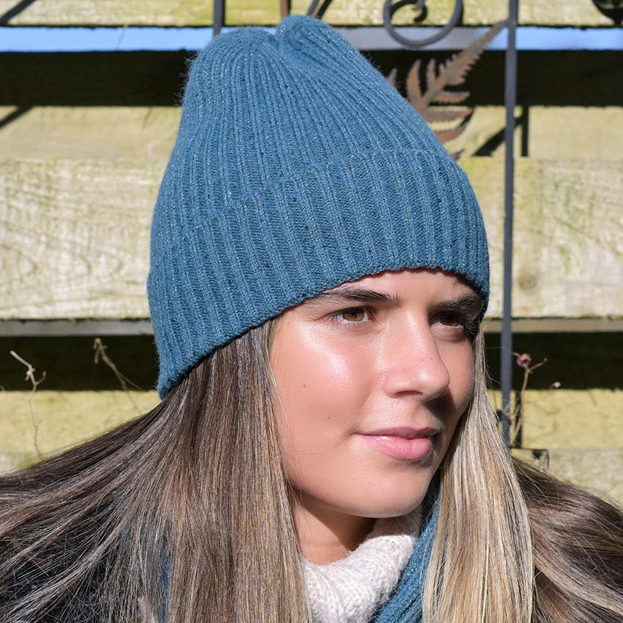 POM Dusky Teal Lurex Ribbed Knitted Sequin Beanie Hat
