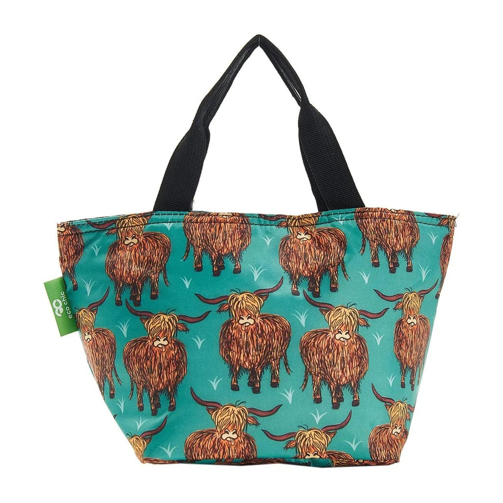Eco Chic Lightweight Foldable Lunch Bags - Highland Cow - Teal