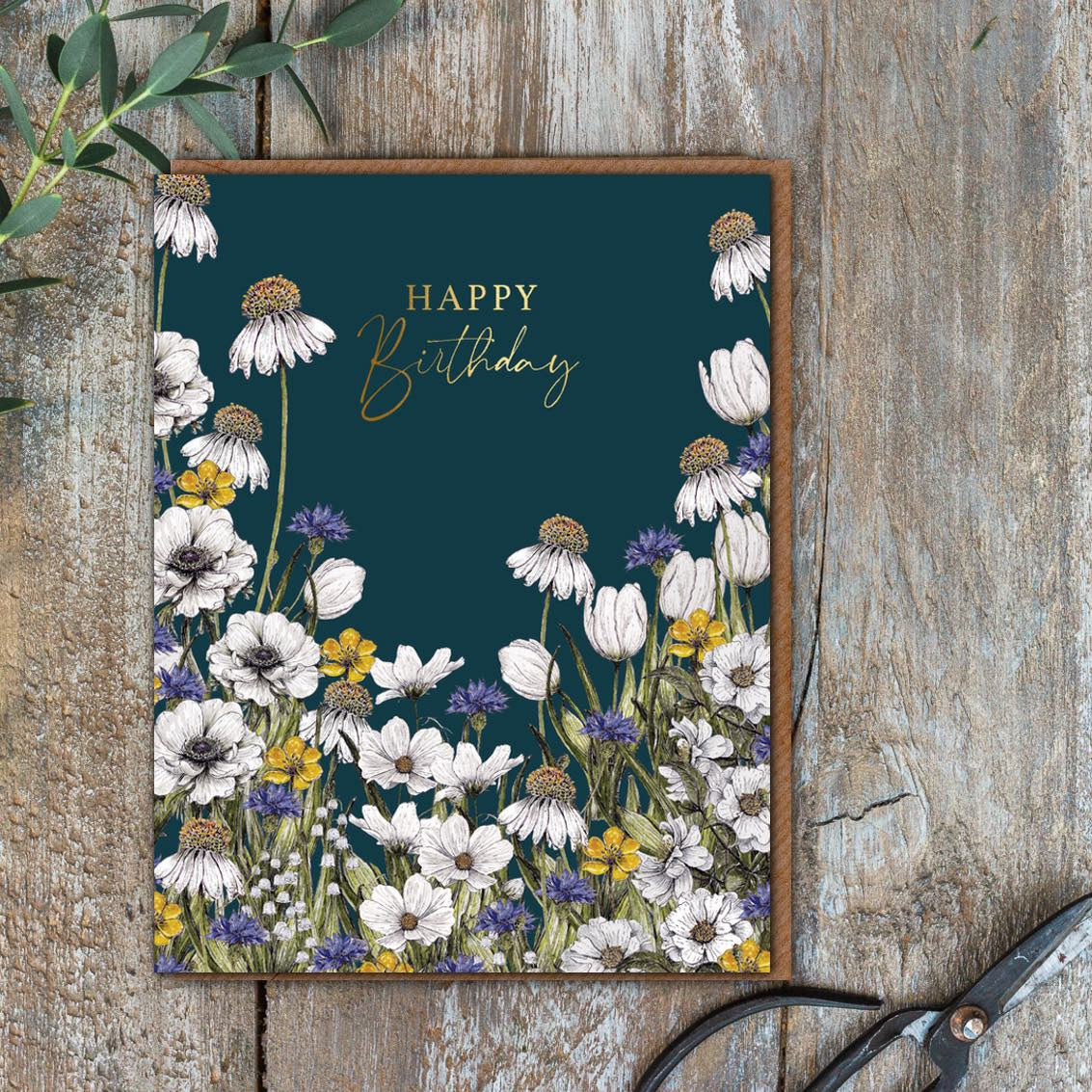 Toasted Crumpet - Happy Birthday Wild Meadow Florals Navy SMALL Card