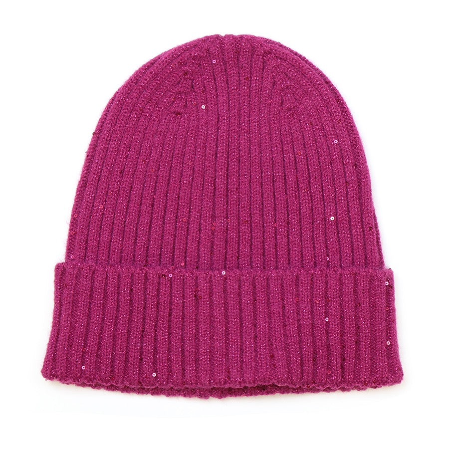 POM Magenta Lurex Ribbed Knitted Sequin Beanie Hat