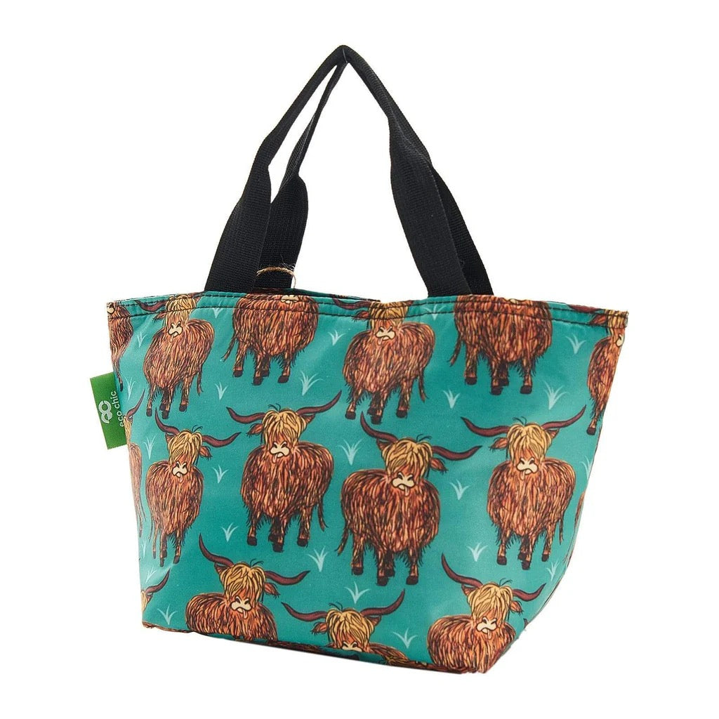 Eco Chic Lightweight Foldable Lunch Bags - Highland Cow - Teal