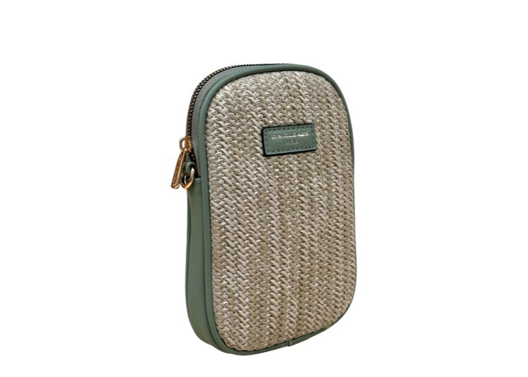 David Jones Woven Rattan Phone Bag (7051-1)- Natural/Sage Green