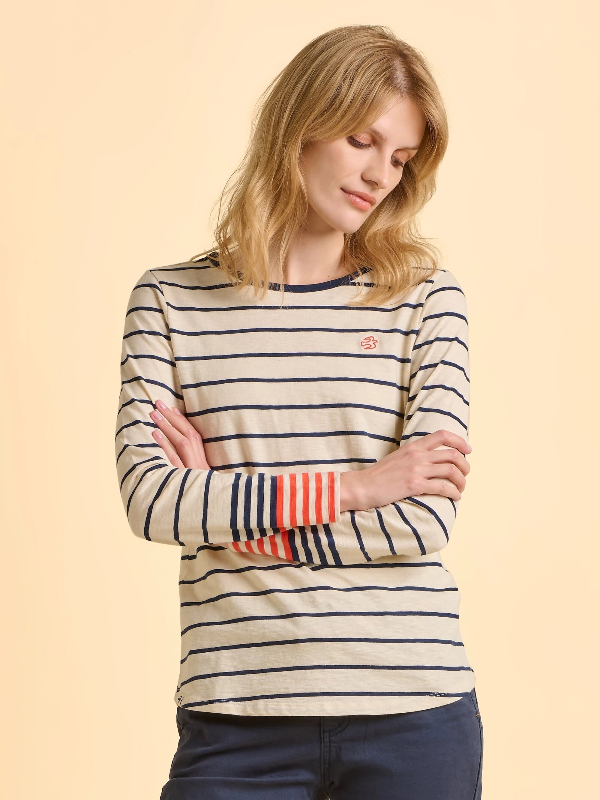 Brakeburn Knoll Long Sleeve T-Shirt - Cream/Navy/Coral