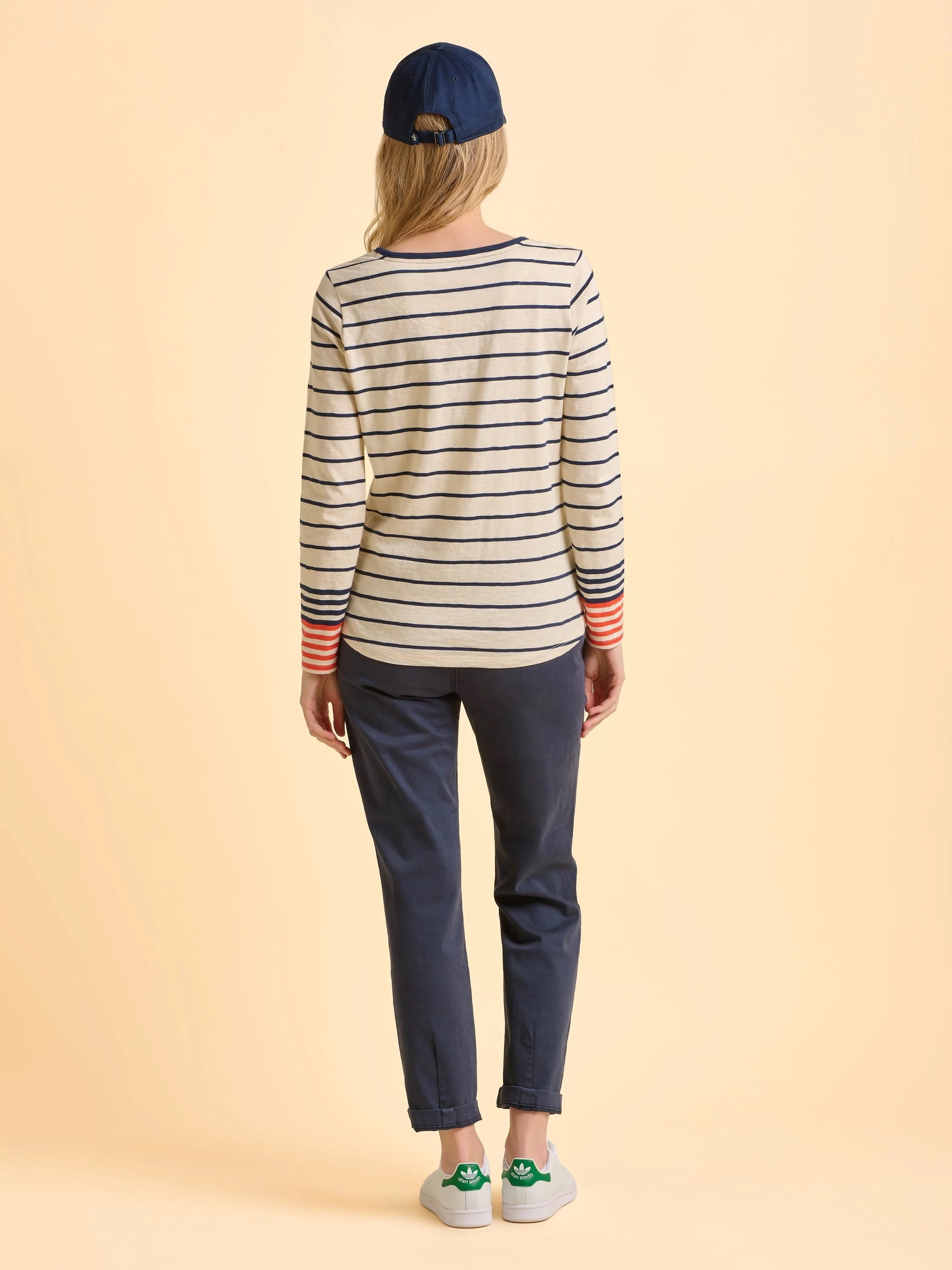 Brakeburn Knoll Long Sleeve T-Shirt - Cream/Navy/Coral