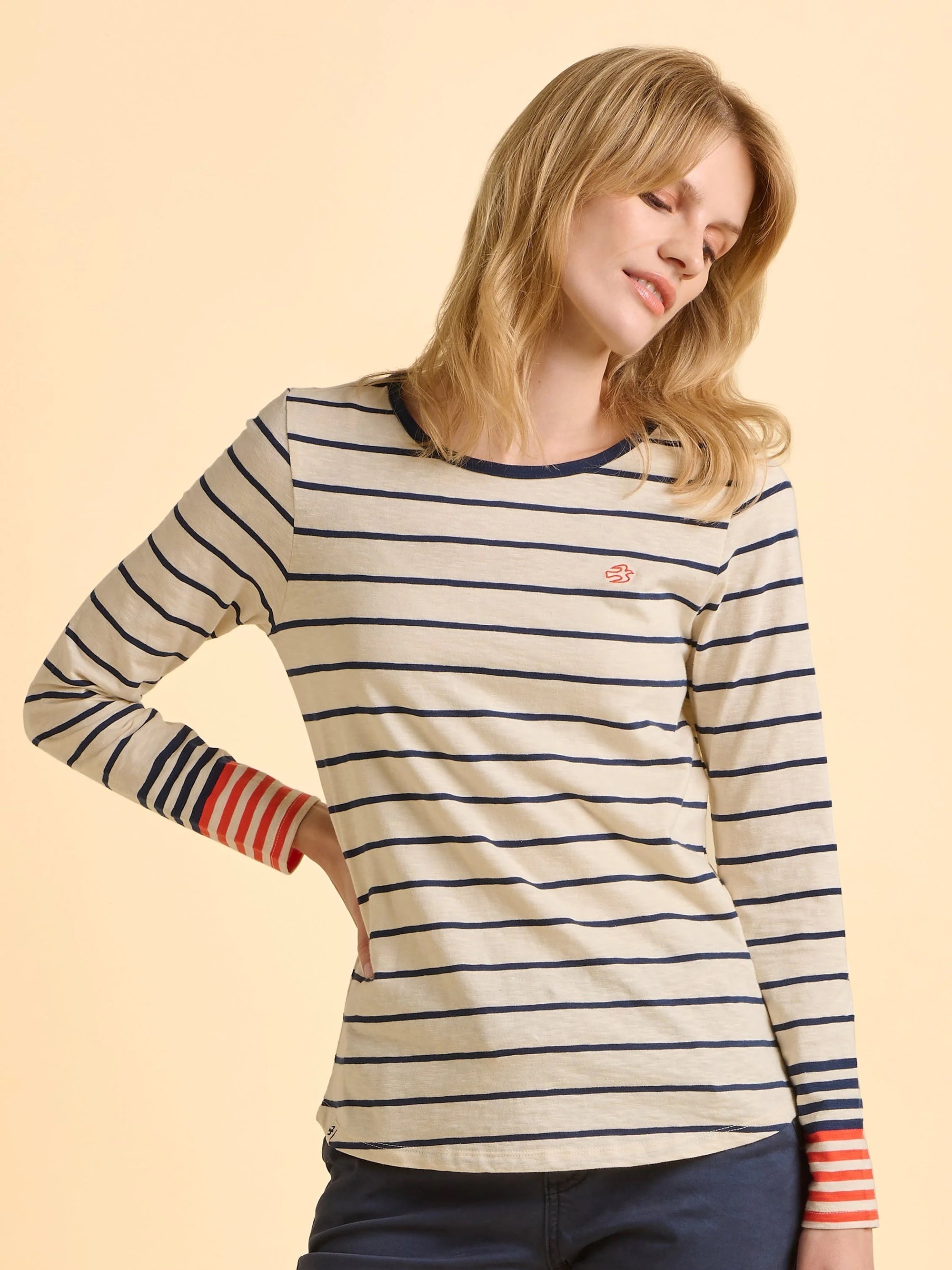Brakeburn Knoll Long Sleeve T-Shirt - Cream/Navy/Coral