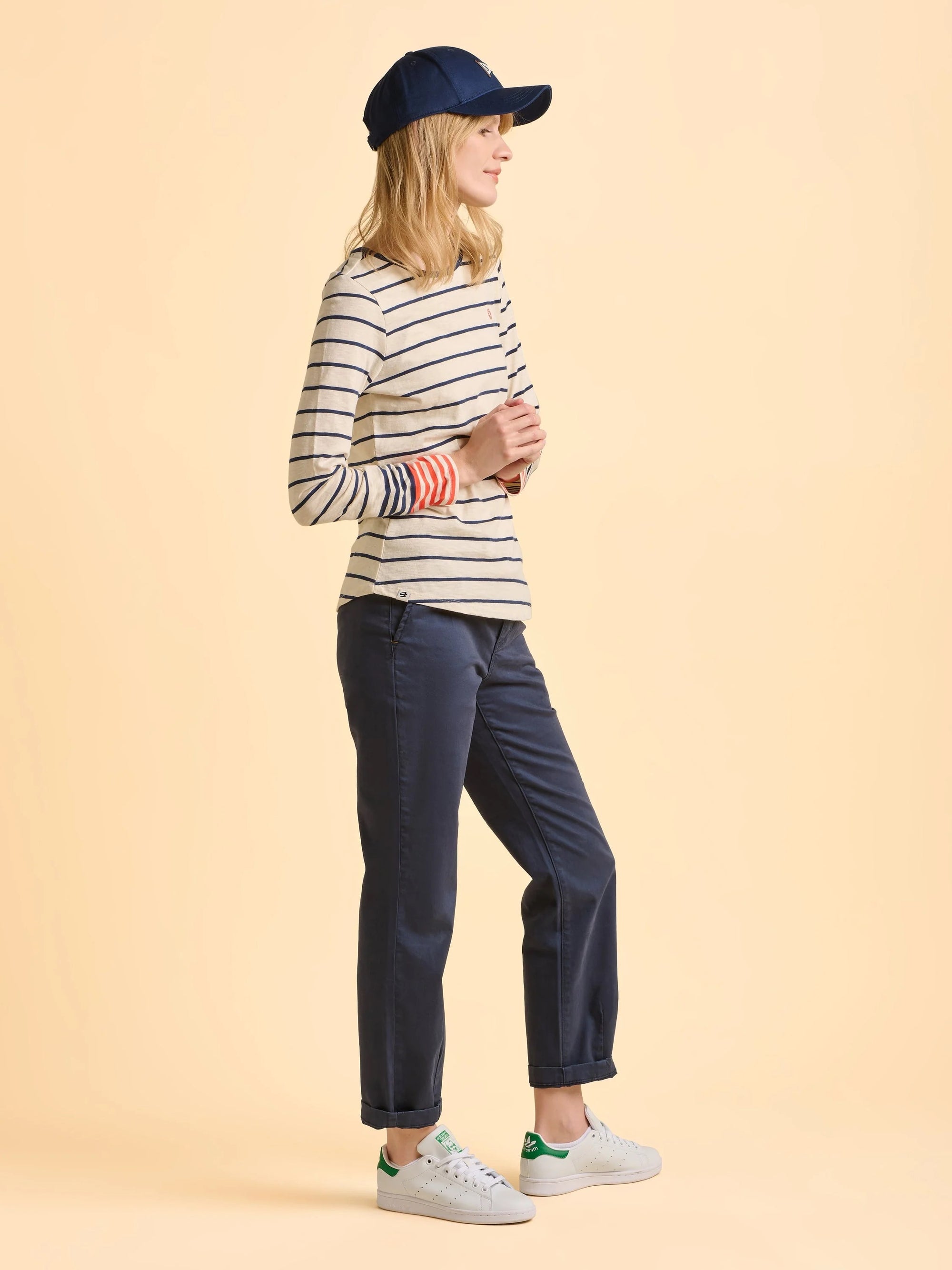 Brakeburn Knoll Long Sleeve T-Shirt - Cream/Navy/Coral