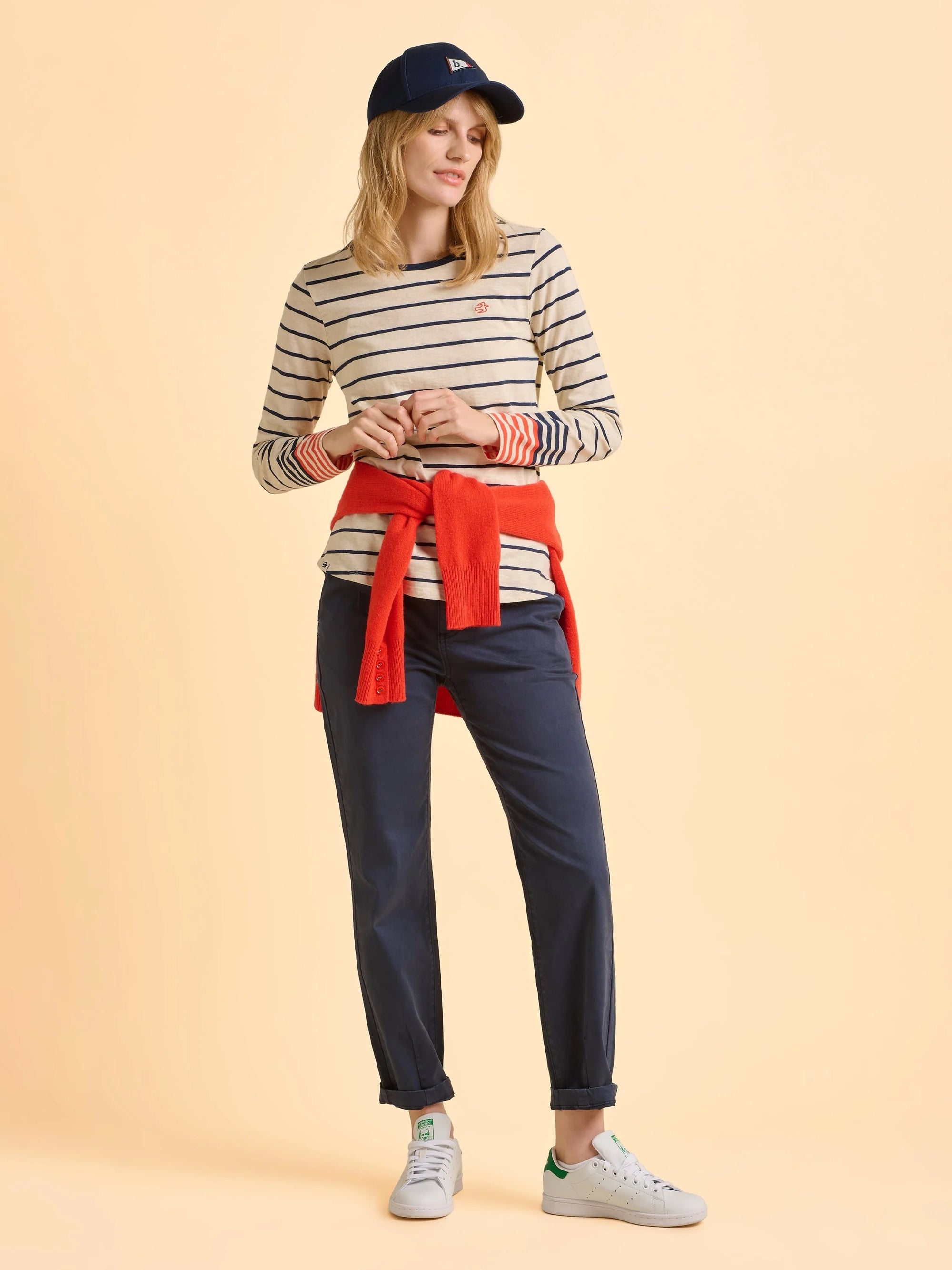 Brakeburn Knoll Long Sleeve T-Shirt - Cream/Navy/Coral