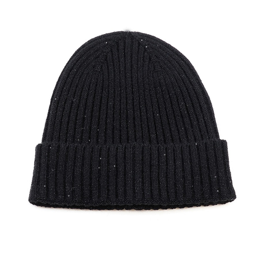 POM Charcoal Black Lurex Ribbed Knit Sequin Beanie Hat