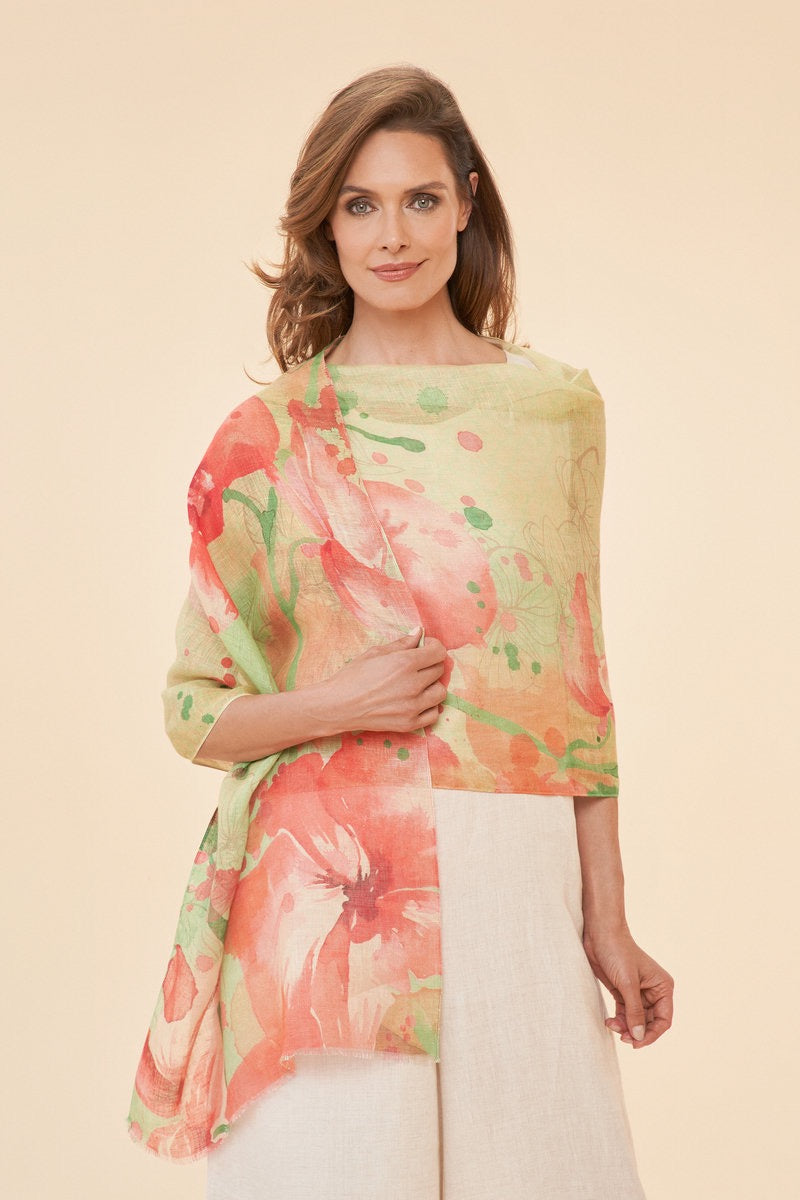Powder 100% Linen Watercolour Orchid Scarf - Light Green