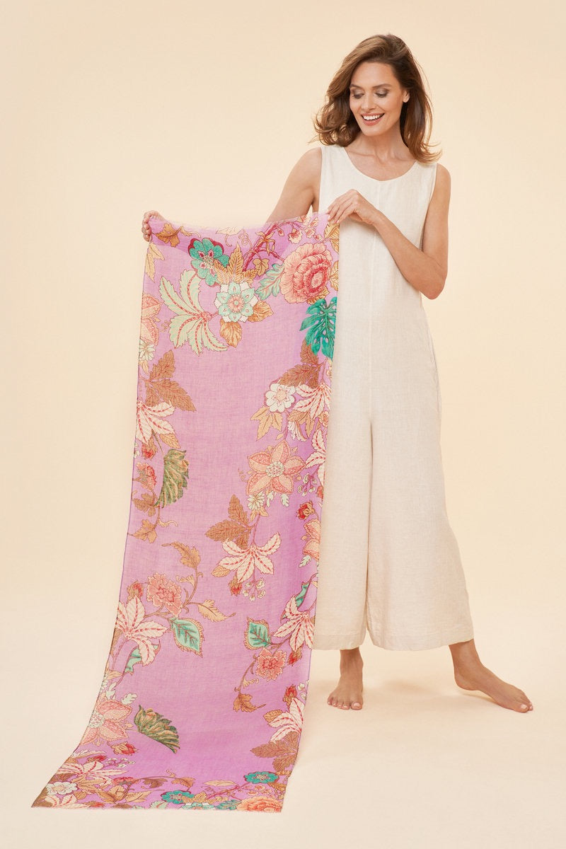 Powder 100% Linen Watercolour Persian Floral Scarf - Lavender