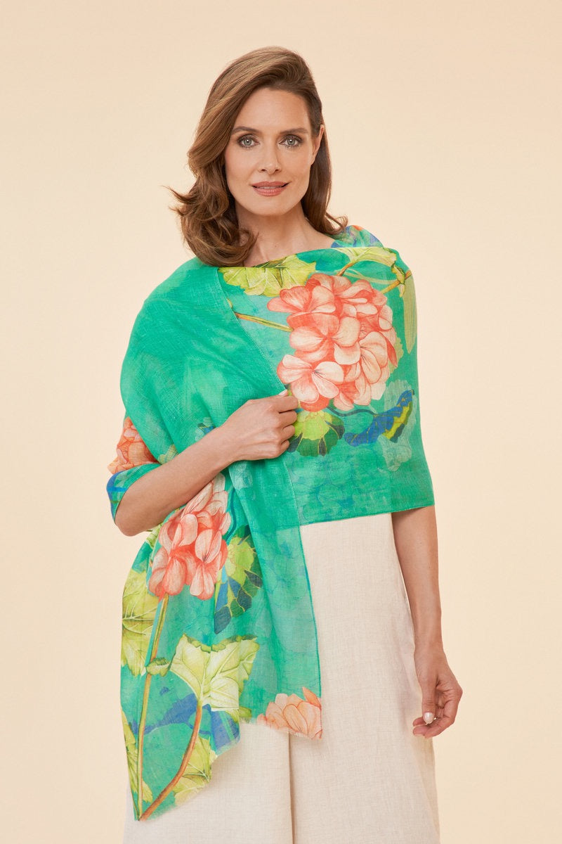 Powder 100% Linen Rosy Geraniums Floral Scarf - Aqua