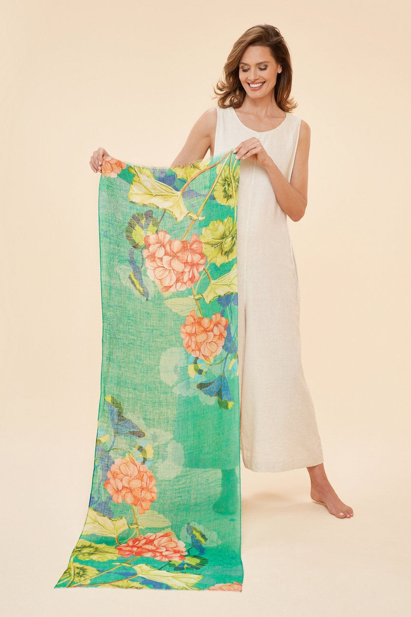Powder 100% Linen Rosy Geraniums Floral Scarf - Aqua